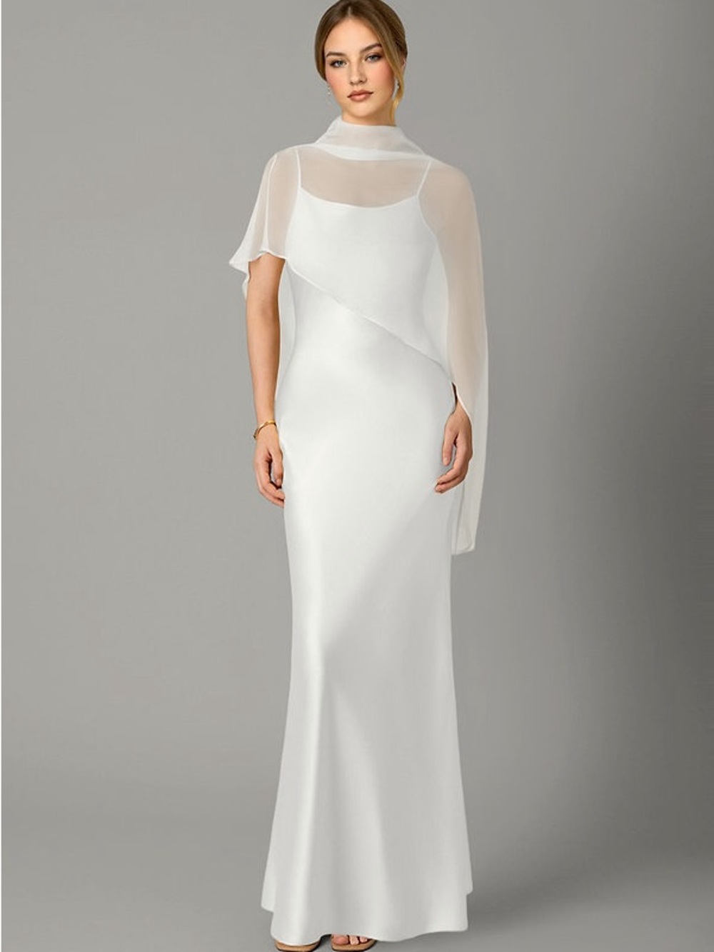 Azazie White Maxi Dress with Chiffon Capelet